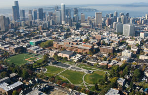 Seattle Central College aerial view showing campus and skyscrapers nearby