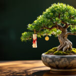 Bonsai tree with rolled diploma scroll and gold coins on a walnut tabletop — symbolizing tuition investment
