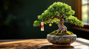 Bonsai tree with rolled diploma scroll and gold coins on a walnut tabletop — symbolizing tuition investment