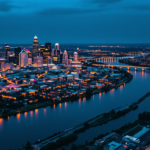 Aerial view of Minneapolis and the Mississippi River at blue hour