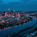 Aerial view of Minneapolis and the Mississippi River at blue hour