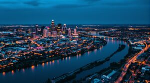 Aerial view of Minneapolis and the Mississippi River at blue hour